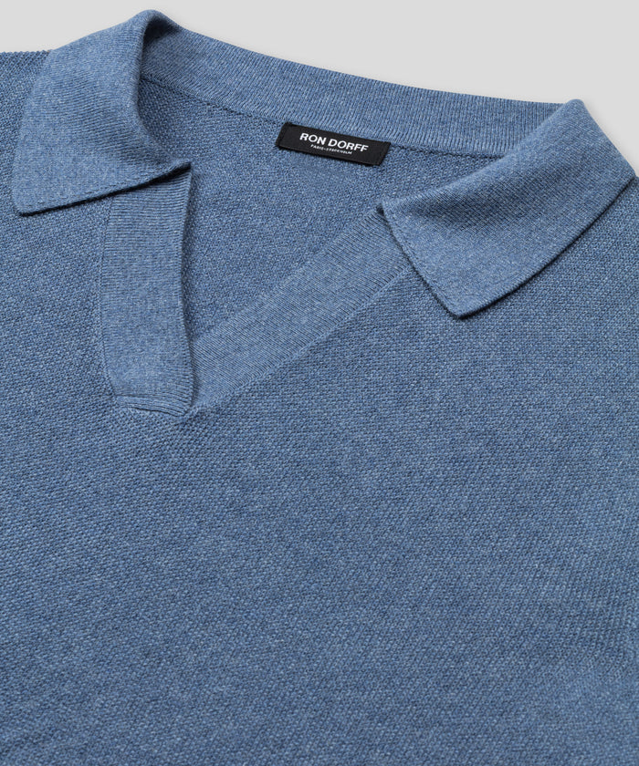 Cotton-Cashmere Piqué RD Polo V Neck Long Sleeved: Blau