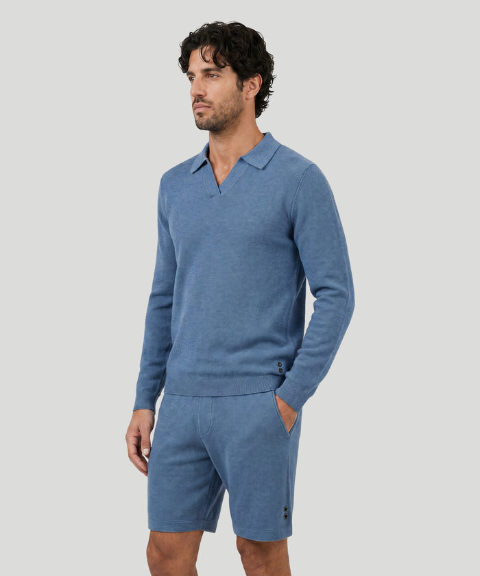 Cotton-Cashmere Piqué RD Polo V Neck Long Sleeved: Blau