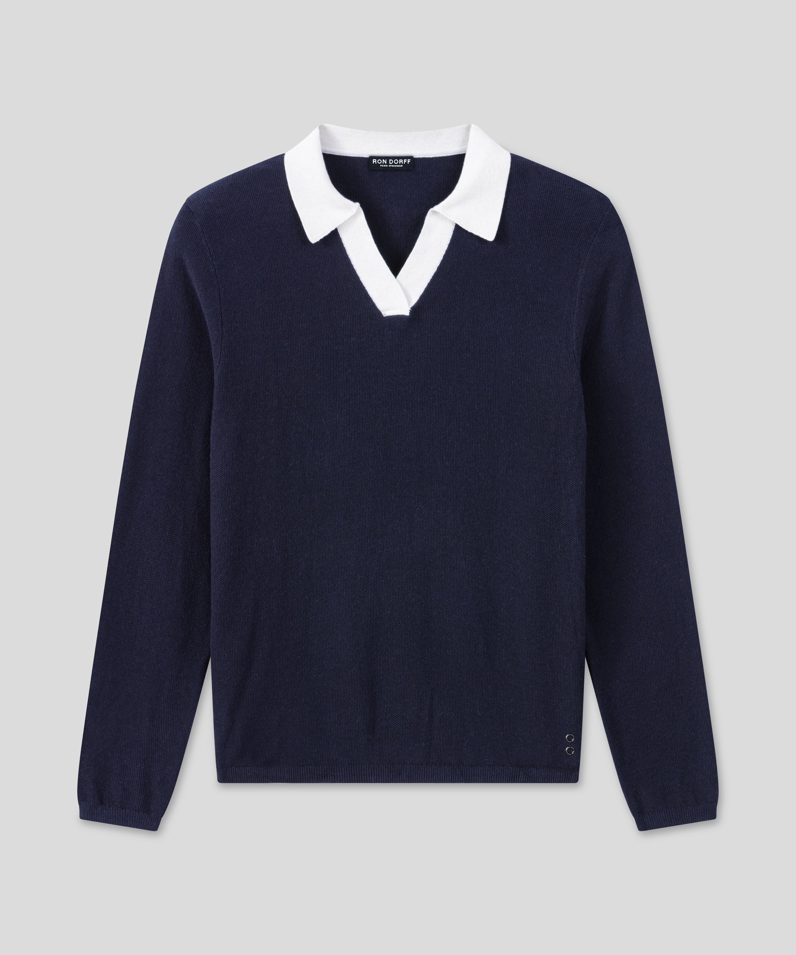 Cotton-Cashmere Piqué RD Polo V Neck Long Sleeved: Marineblau/Weiß