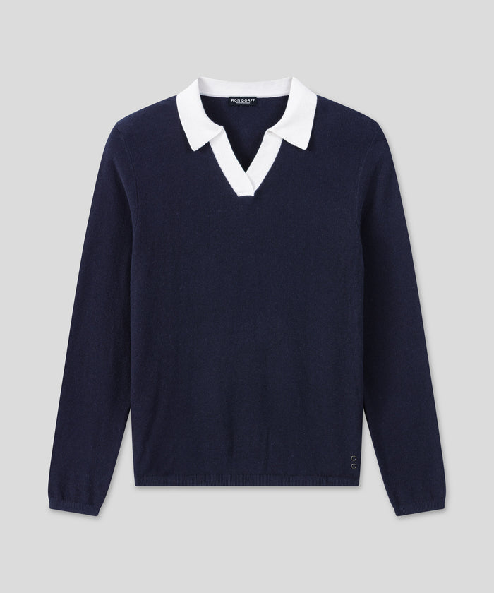 Cotton-Cashmere Piqué RD Polo V Neck Long Sleeved: Marineblau/Weiß
