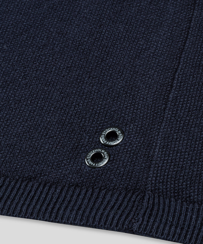 Cotton-Cashmere Piqué RD Polo V Neck Long Sleeved: Marineblau/Weiß