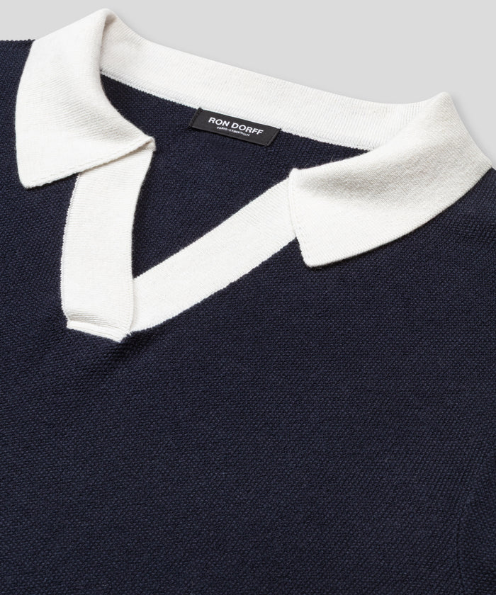 Cotton-Cashmere Piqué RD Polo V Neck Long Sleeved: Marineblau/Weiß