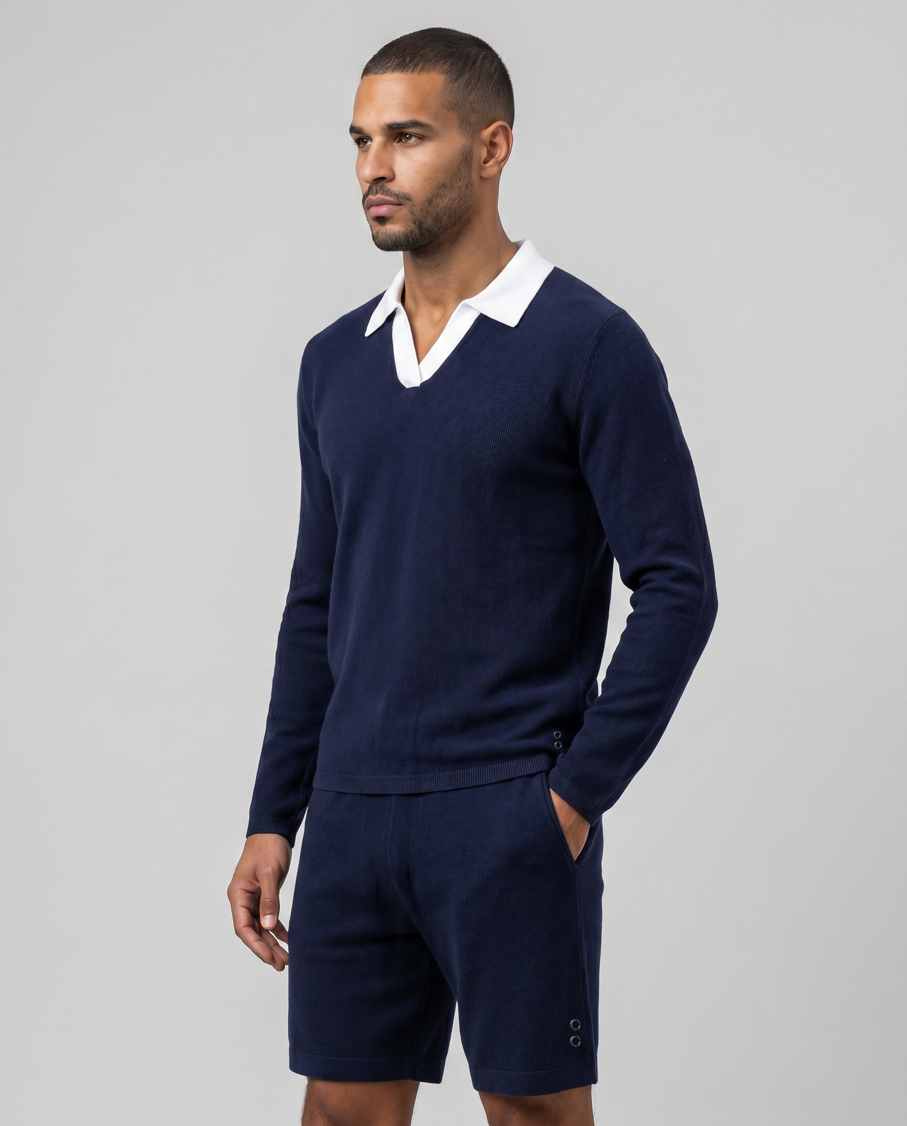 Cotton-Cashmere Piqué RD Polo V Neck Long Sleeved: Marineblau/Weiß