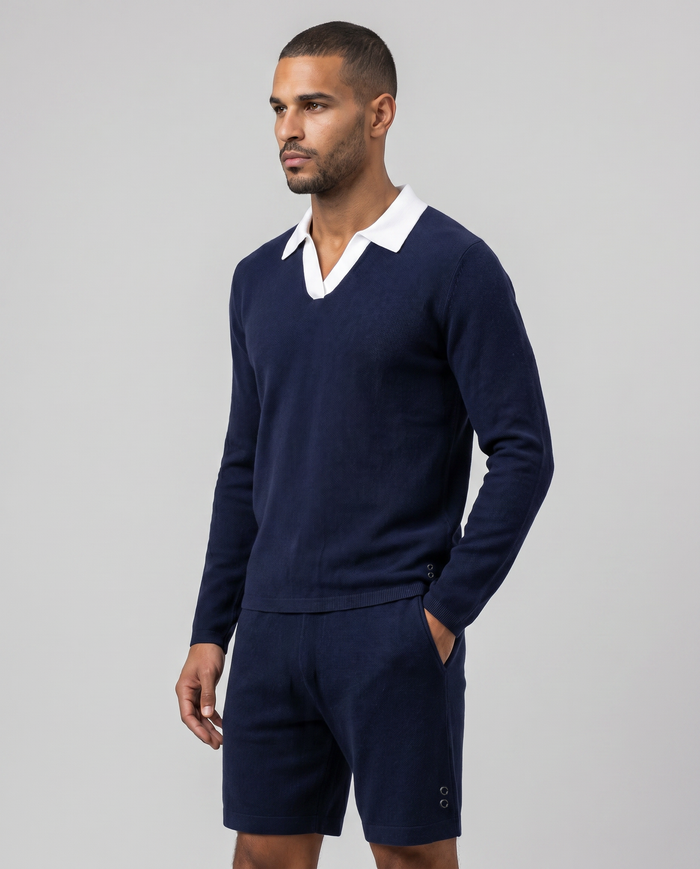 Cotton-Cashmere Piqué RD Polo V Neck Long Sleeved: Marineblau/Weiß