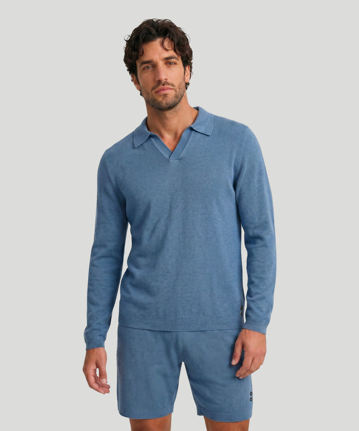 Cotton-Cashmere Piqué RD Polo V Neck Long Sleeved: Blau