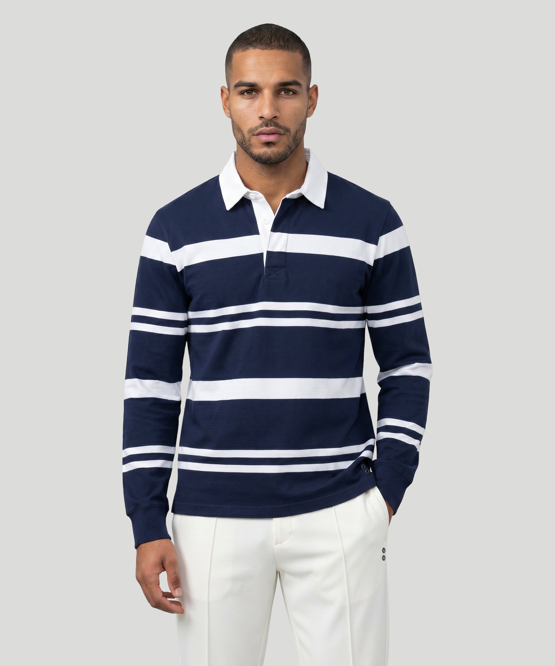RD Rugby Polo w. Irregular Stripes: Navy/White
