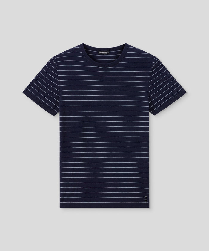 T-shirt en maille à fines rayures verticales: Bleu marine/blanc