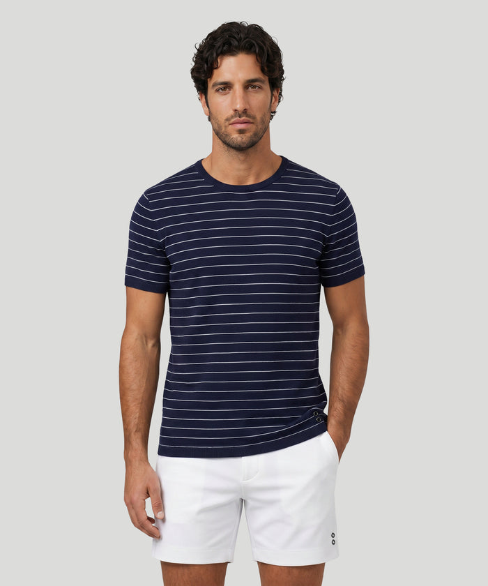 T-shirt en maille à fines rayures verticales: Bleu marine/blanc