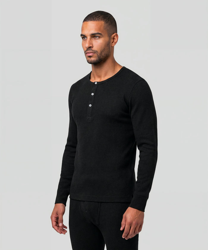 T-shirt manches longues henley côtelé Army Ribbed en coton: Noir