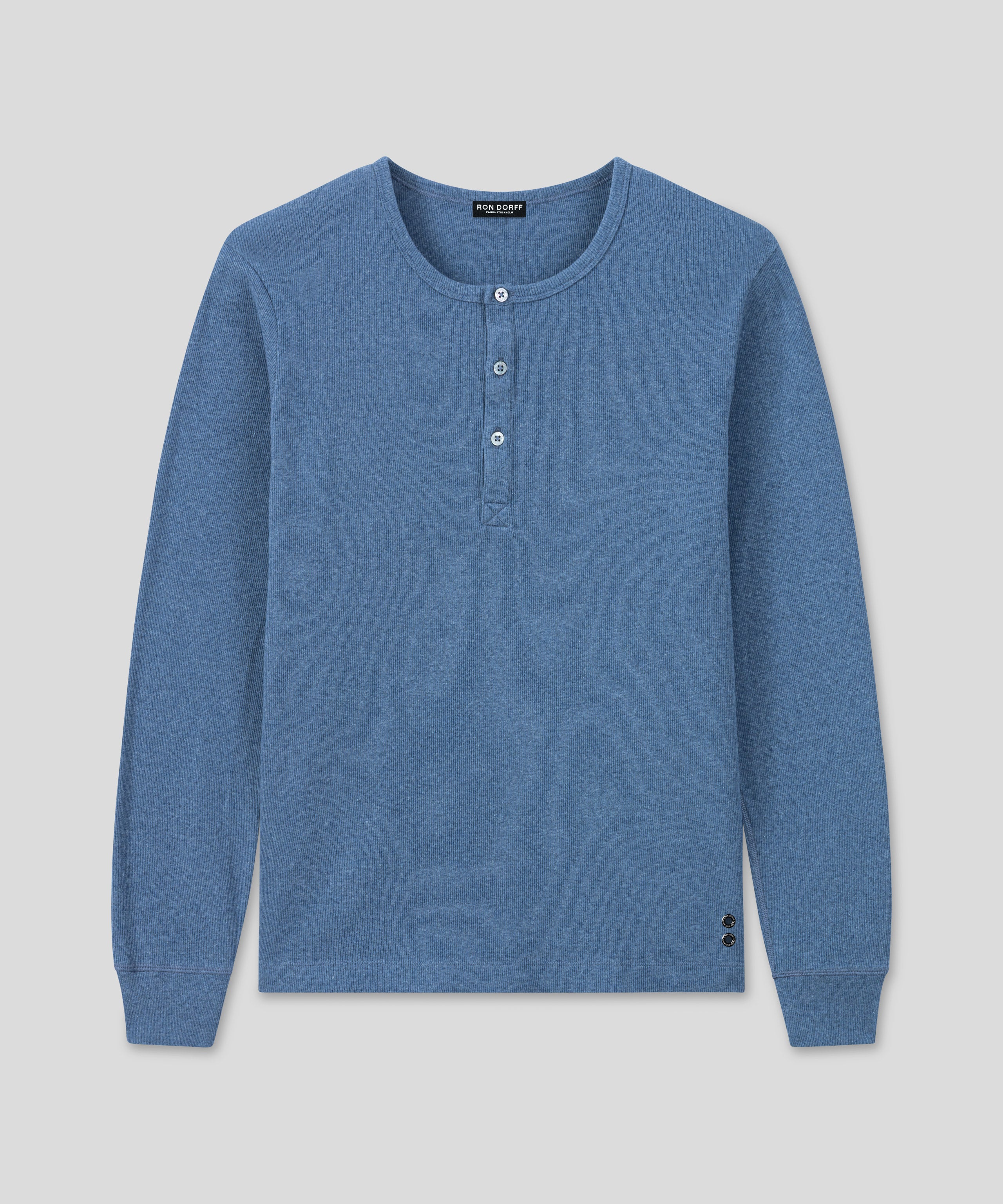 T-shirt manches longues henley côtelé Army Ribbed en coton: Bleu chiné