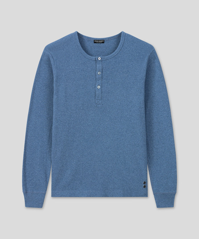 T-shirt manches longues henley côtelé Army Ribbed en coton: Bleu chiné