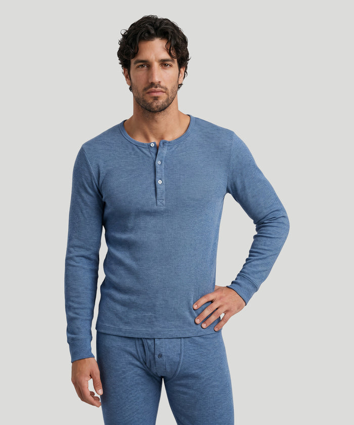 T-shirt manches longues henley côtelé Army Ribbed en coton: Bleu chiné