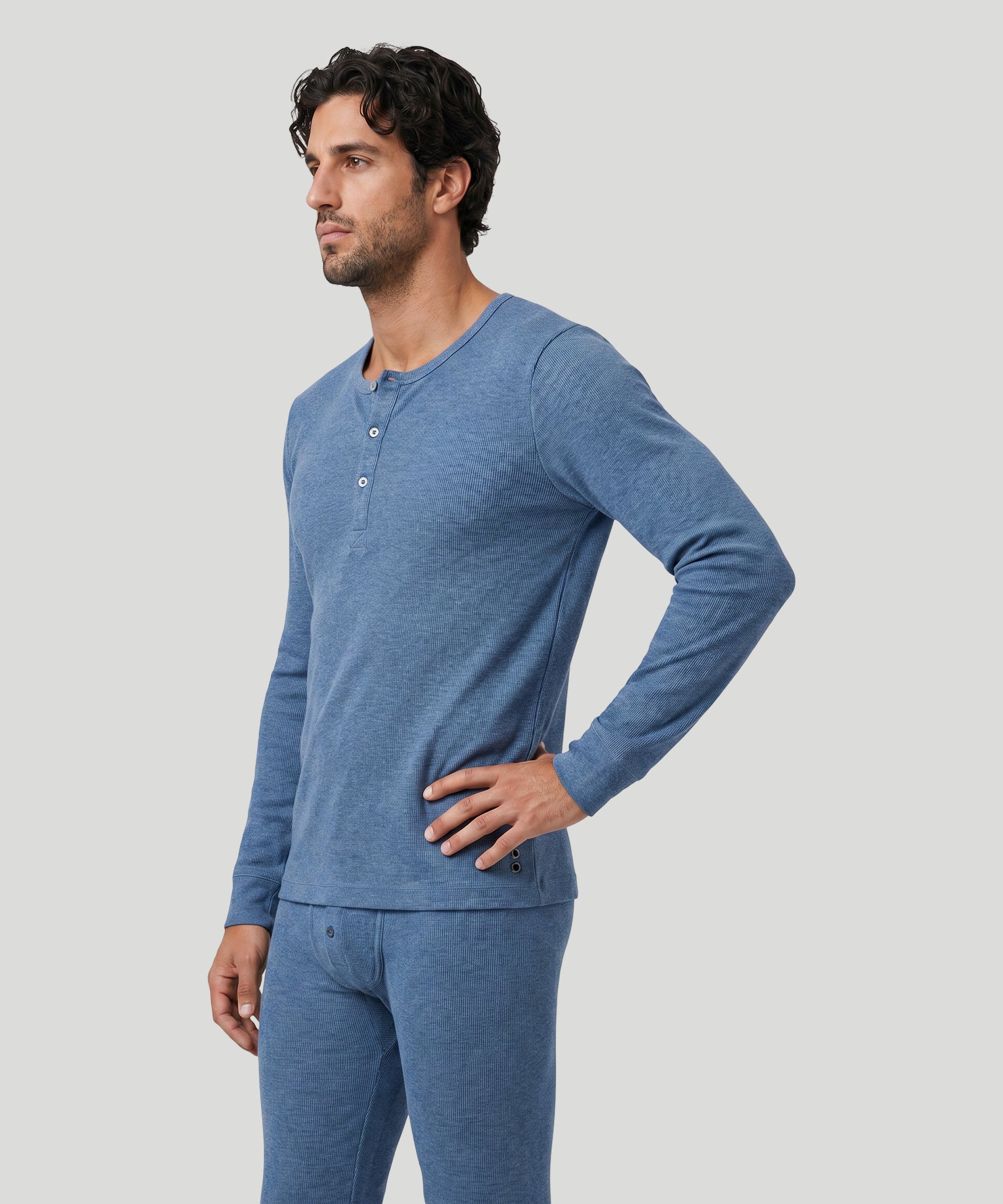 T-shirt manches longues henley côtelé Army Ribbed en coton: Bleu chiné