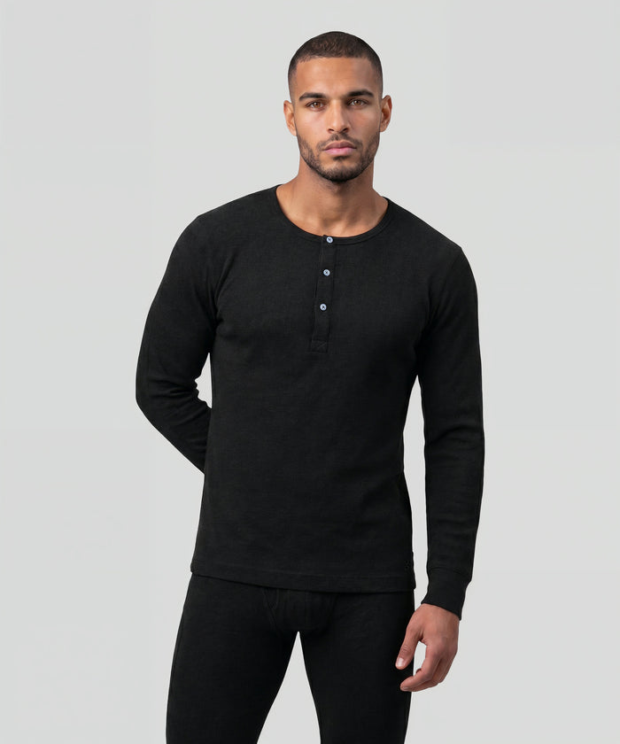 T-shirt manches longues henley côtelé Army Ribbed en coton: Noir