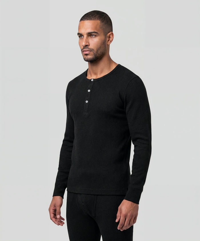 T-shirt manches longues henley côtelé Army Ribbed en coton: Noir