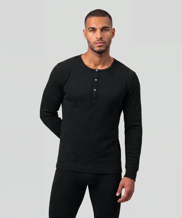 T-shirt manches longues henley côtelé Army Ribbed en coton: Noir