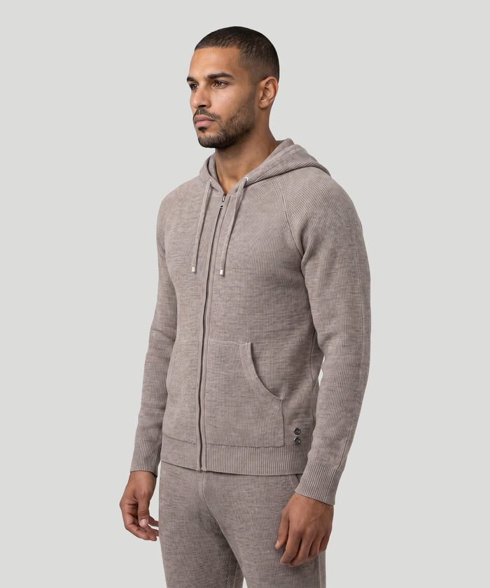 Pull à capuche en laine côtelée: Beige sable