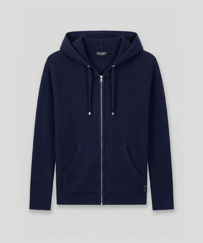 Pull à capuche en laine côtelée: Bleu marine