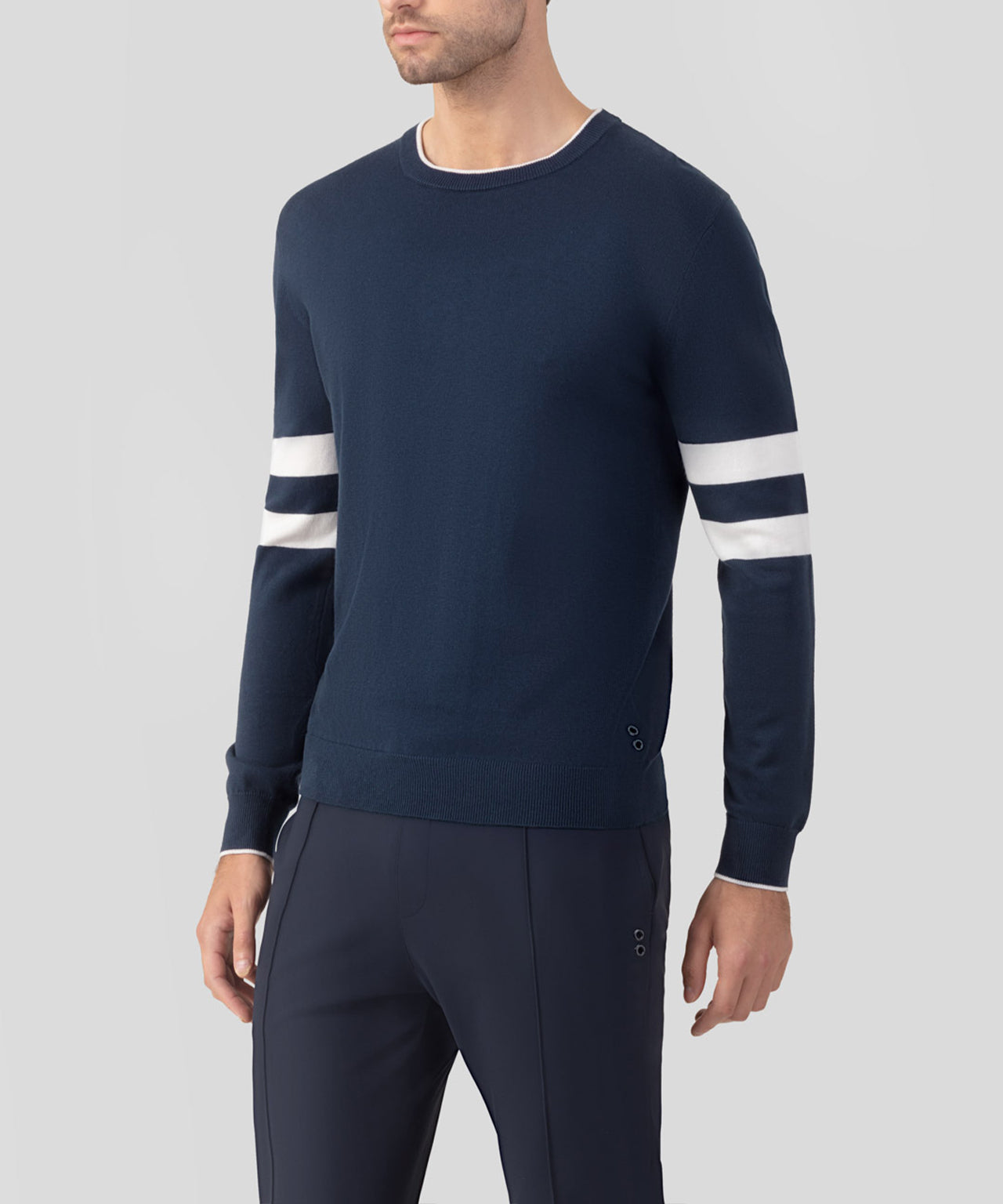 Pull en coton et cachemire à double rayures: Bleu océan