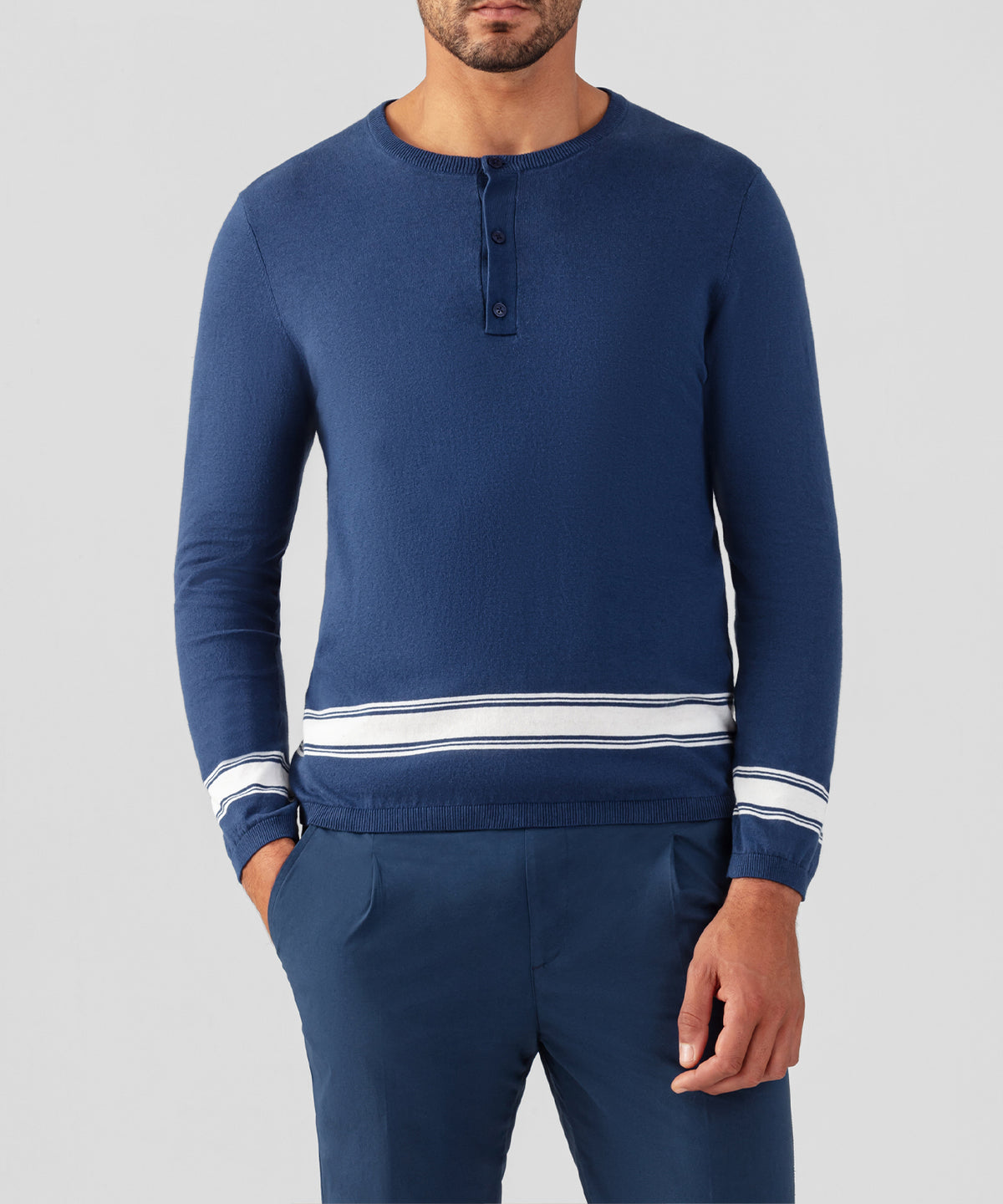Pull col henley en coton lin: Bleu foncé
