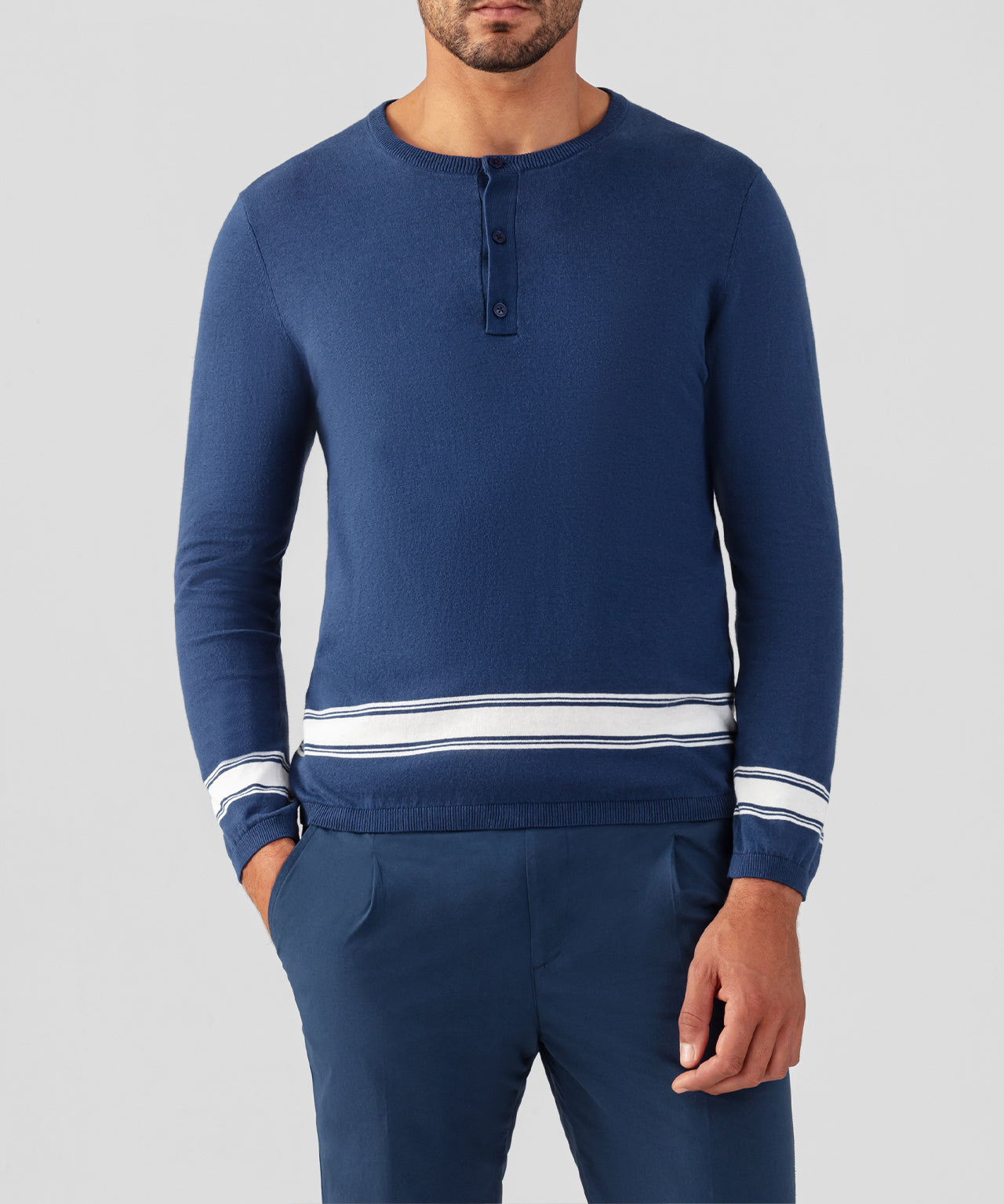 Pull col henley en coton lin: Bleu foncé