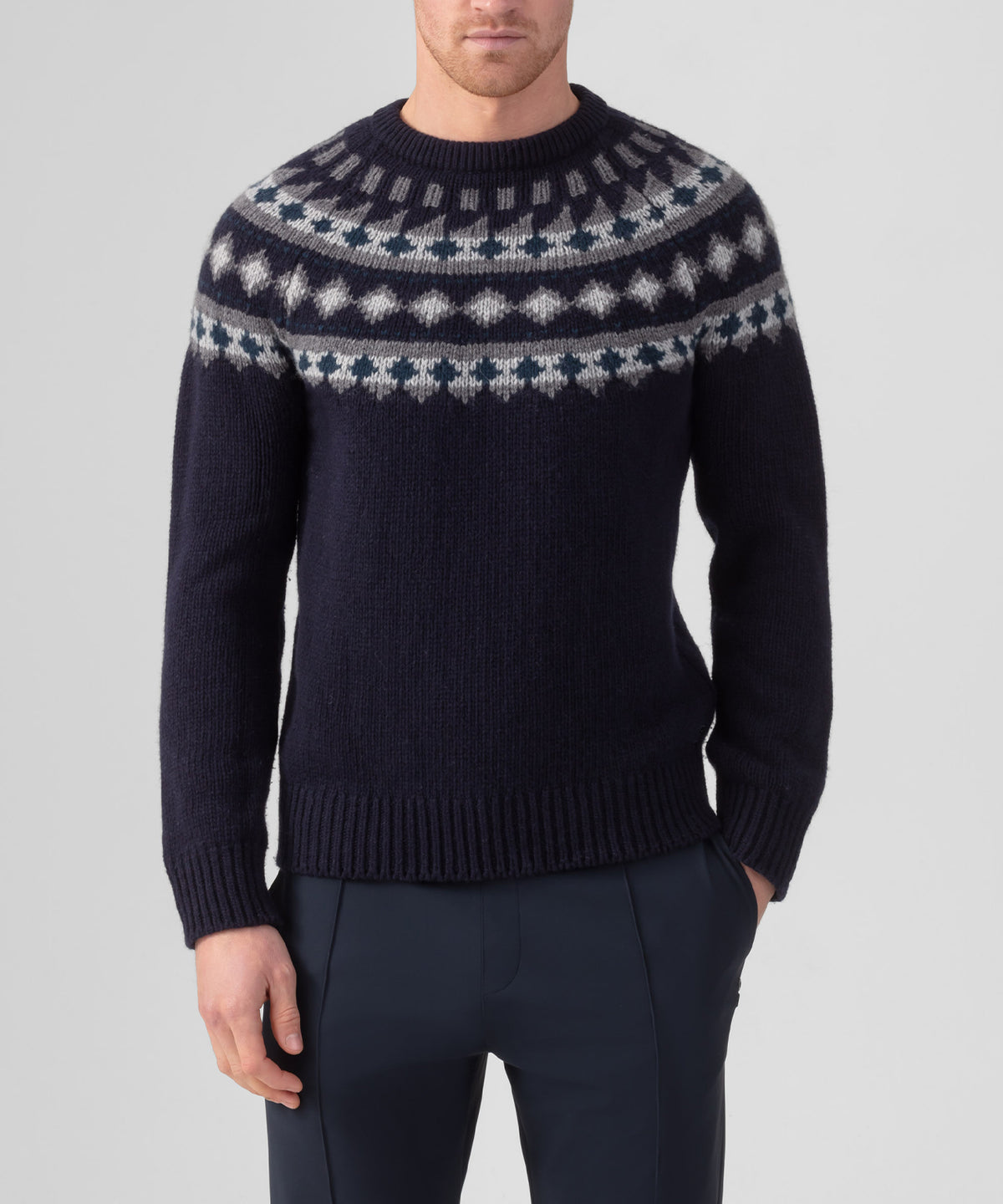Wool Cashmere Sweater w. Nordic Pattern: Navy
