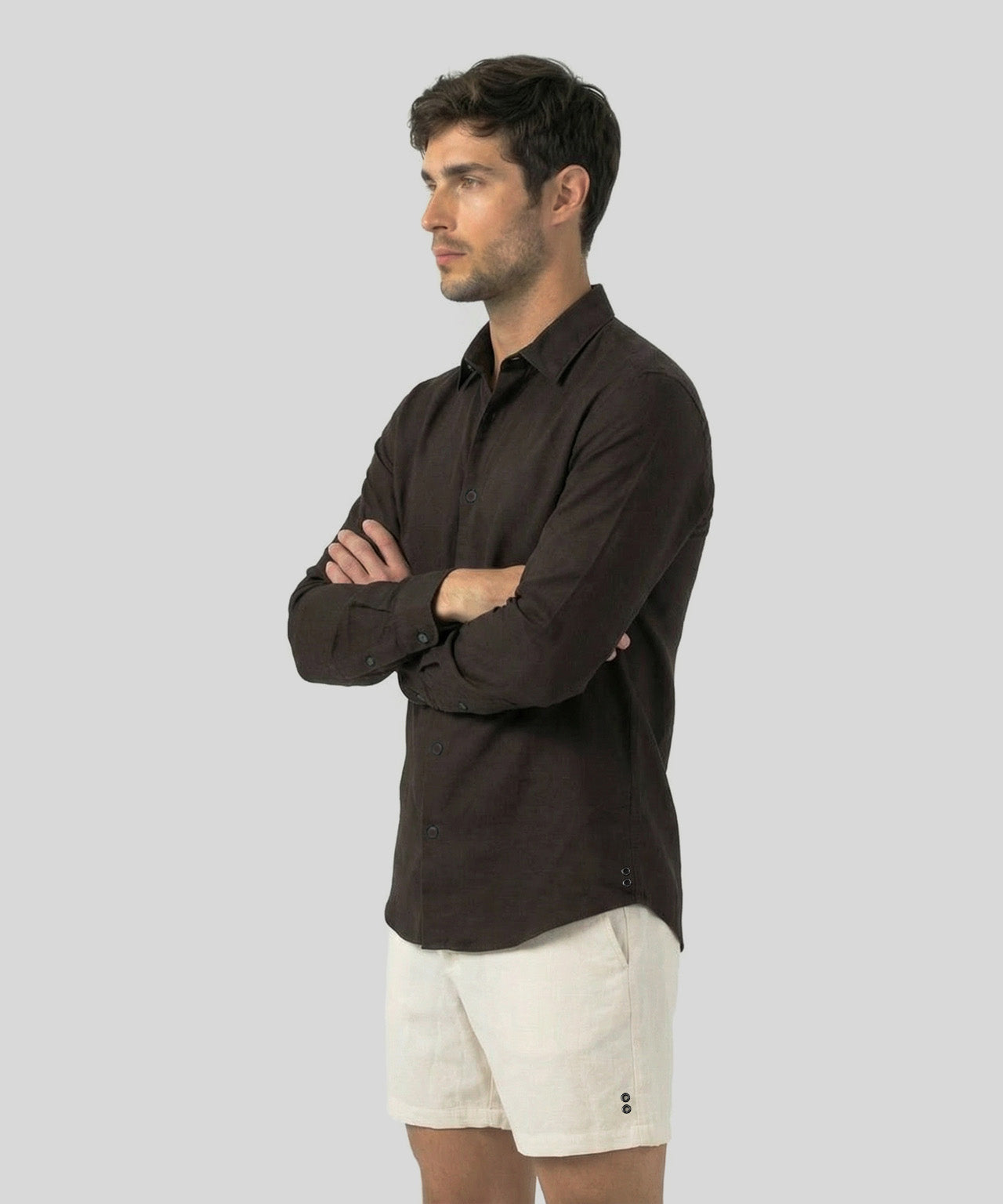 Cotton Linen Long Sleeve Shirt: Espresso