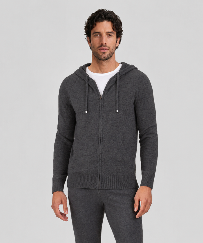 Cashmere Zipped Hoodie: Dark Grey Melange