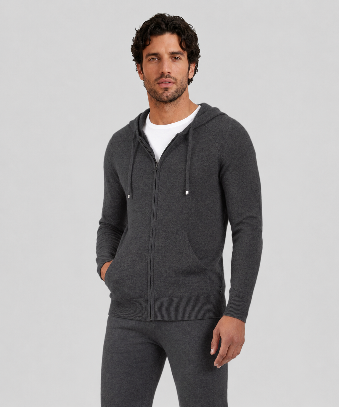 Pull à capuche zippé en cachemire: Gris chiné foncé