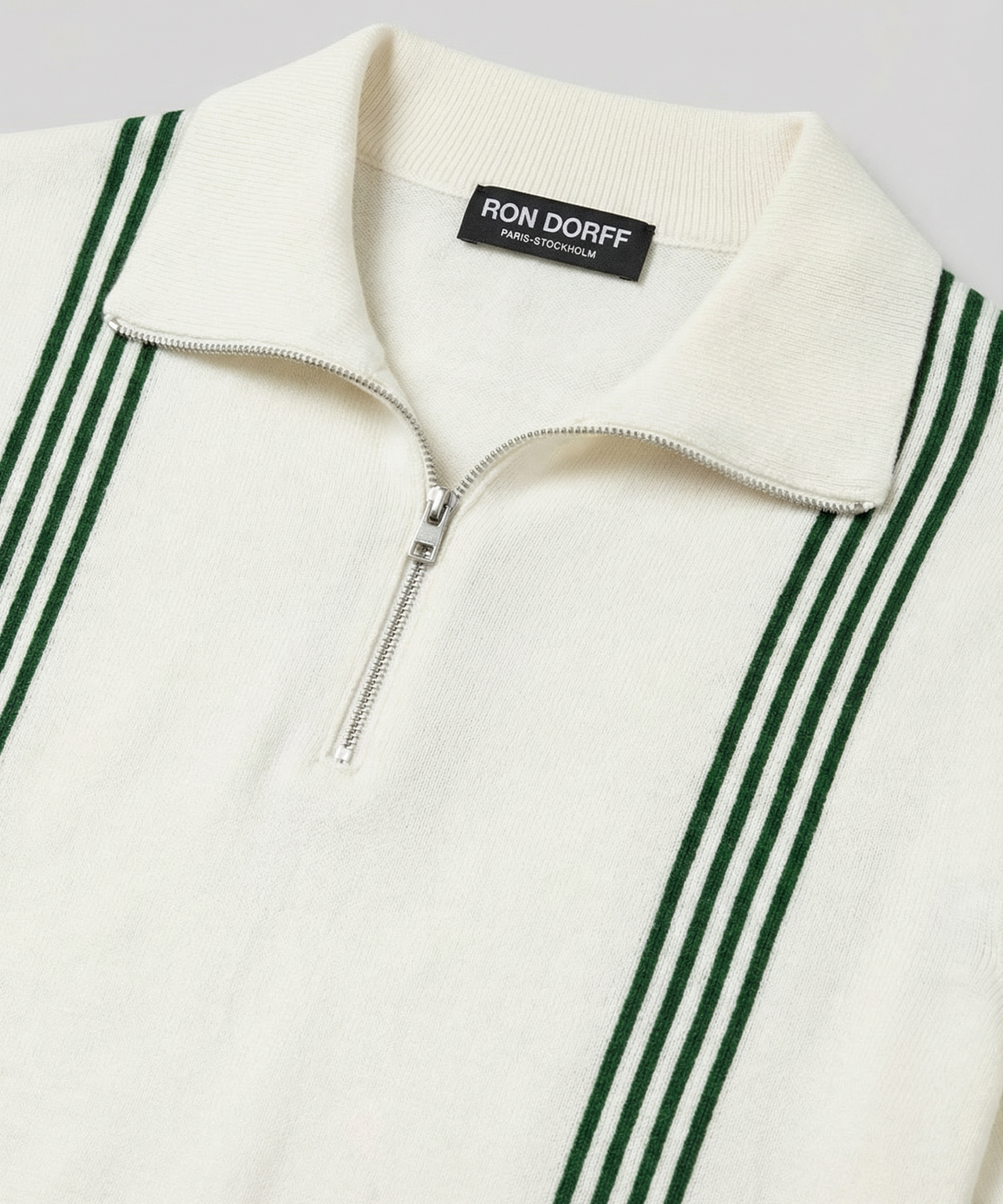 Cotton-Silk Zip Collar Polo w. Stripes: Off White