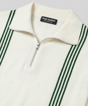 Cotton-Silk Zip Collar Polo w. Stripes: Off White