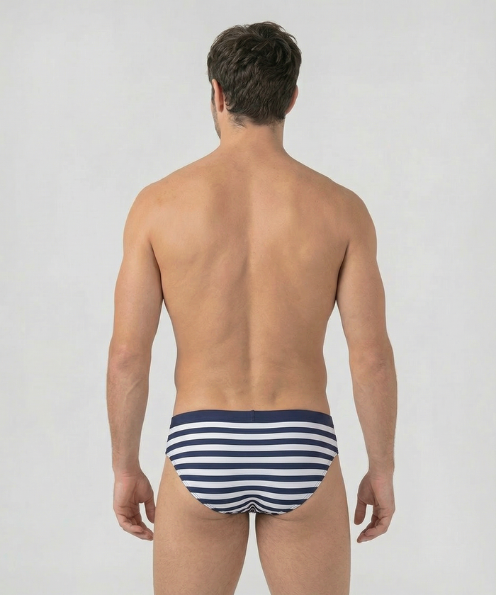 Badehose Querstreifen mit Bund: Marineblau/Weiß