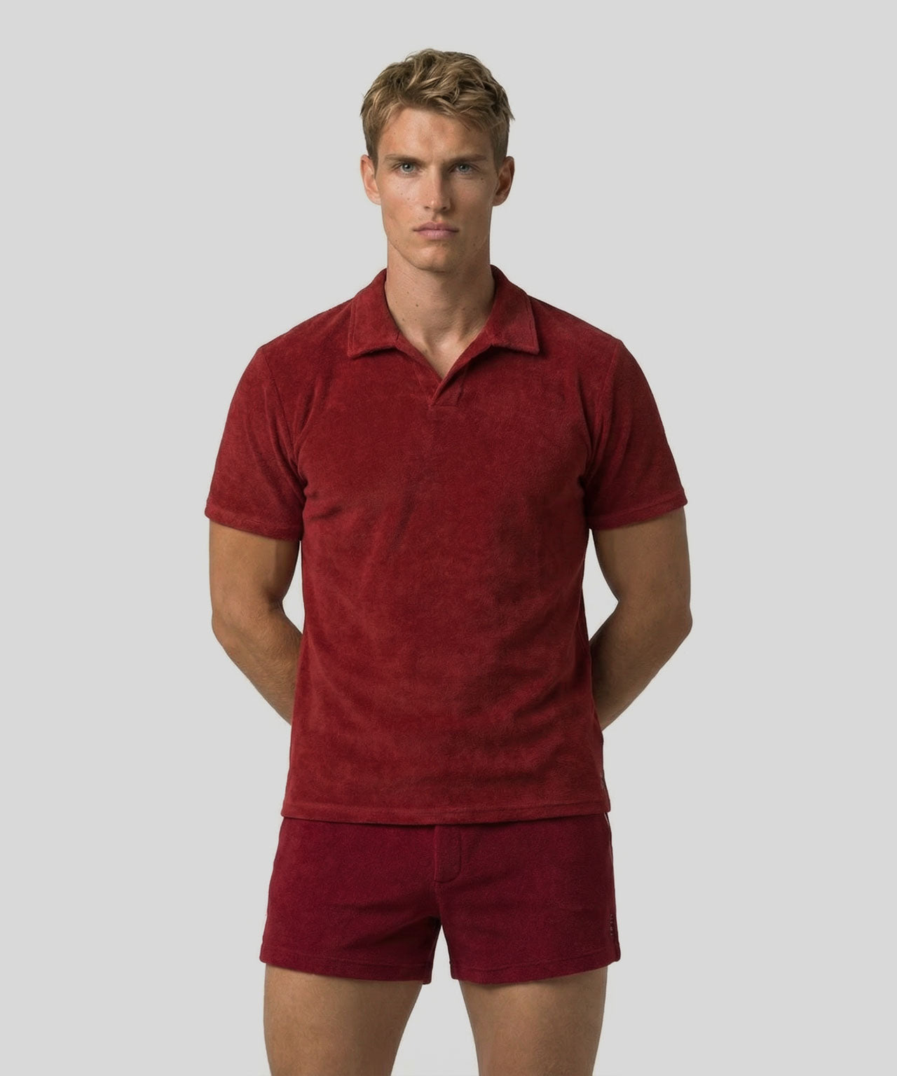 Polo col V en coton terry: Rouge