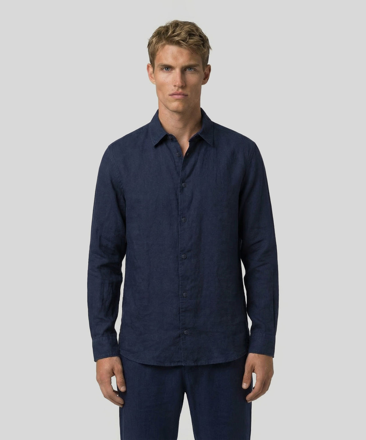 Cotton Linen Long Sleeve Shirt: Navy