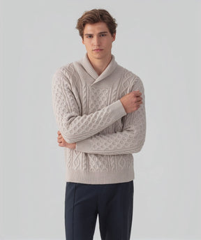 Wool Cashmere Shawl Collar Telemark Sweater: Beige Melange
