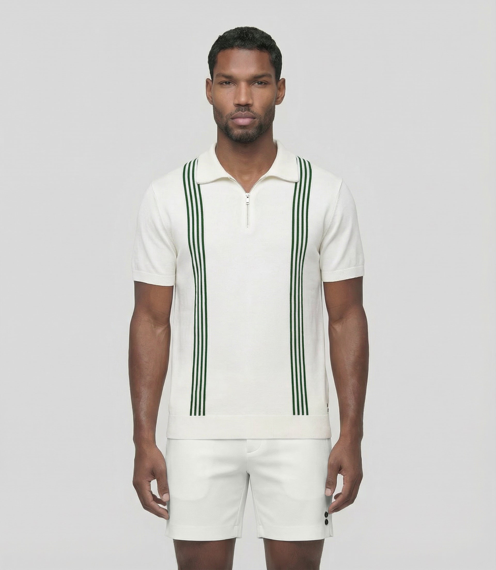 Cotton-Silk Zip Collar Polo w. Stripes: Off White
