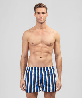 Short de bain court avec bandes tricolores verticales: Bleu grec/Bleu marine/Blanc