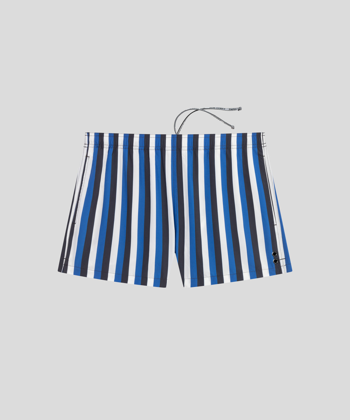 Short de bain court avec bandes tricolores verticales: Bleu grec/Bleu marine/Blanc