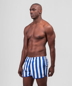 Short de bain court avec bandes verticales: Bleu grec/Blanc