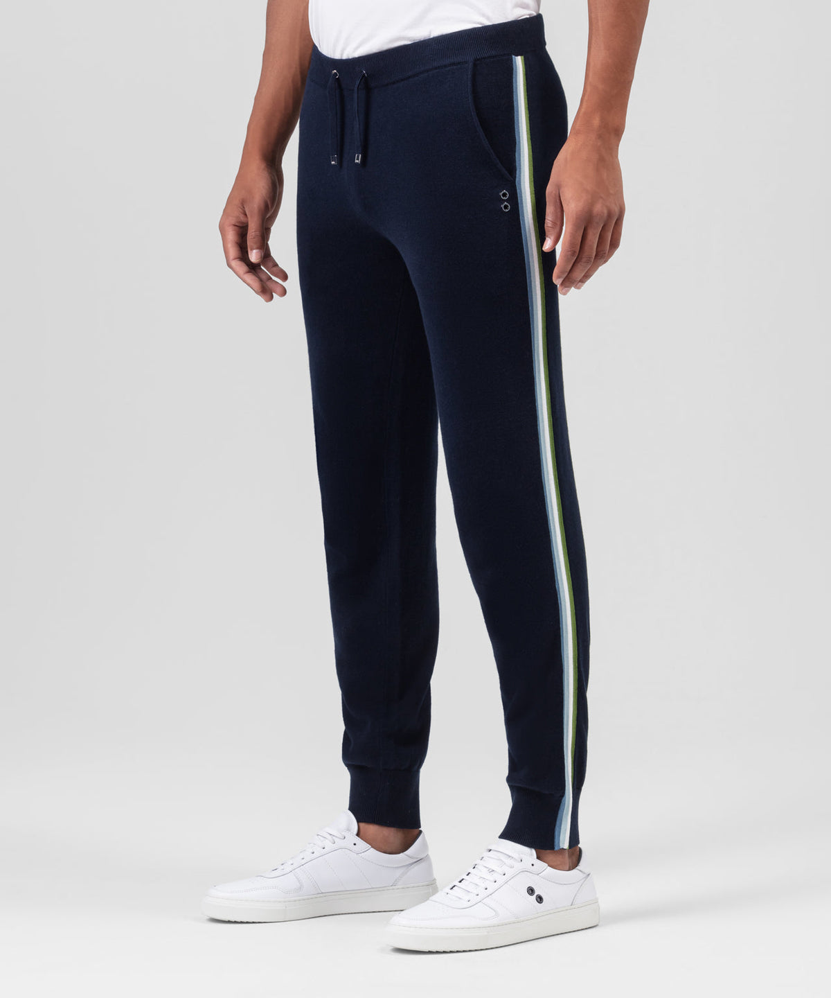 Pantalon en coton et cachemire avec lignes latérales: Bleu marine/Vert